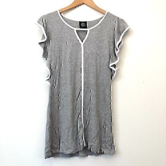 BOBEAU Solid Gray White Keyhole Cutout Short Flutter Sleeve Blouse Top Small SM - Picture 2 of 8